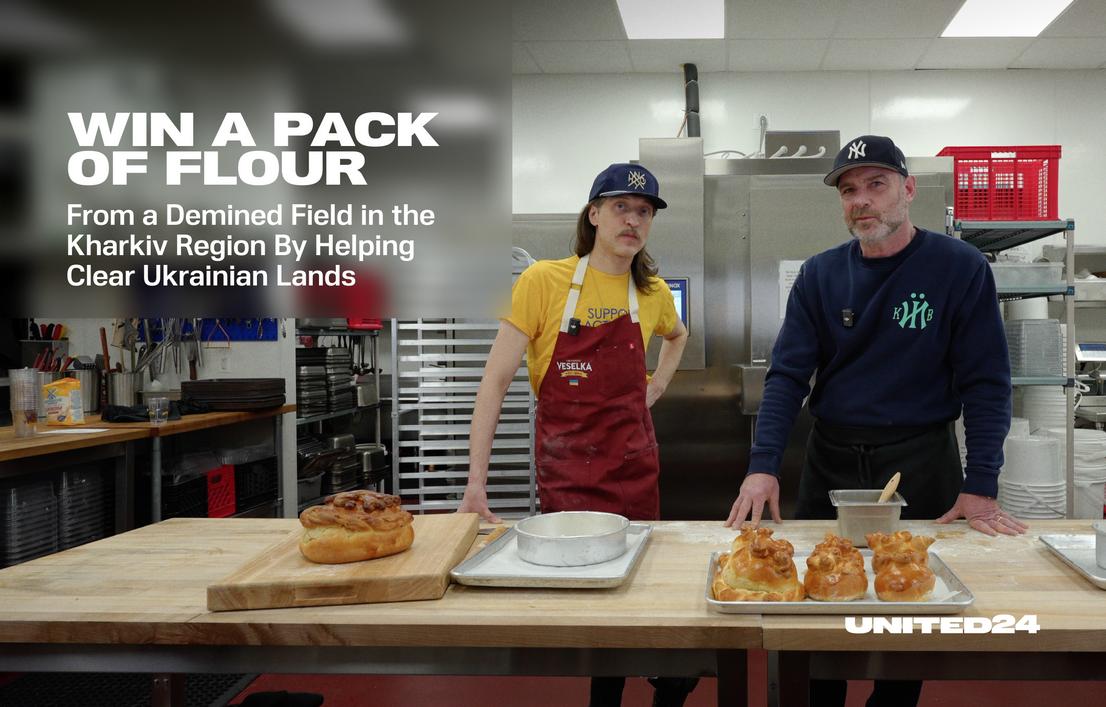 A raffle of 10 packs of flour from a demined field near Kharkiv, which Liev Schreiber and Eugene Hütz used to bake Easter bread